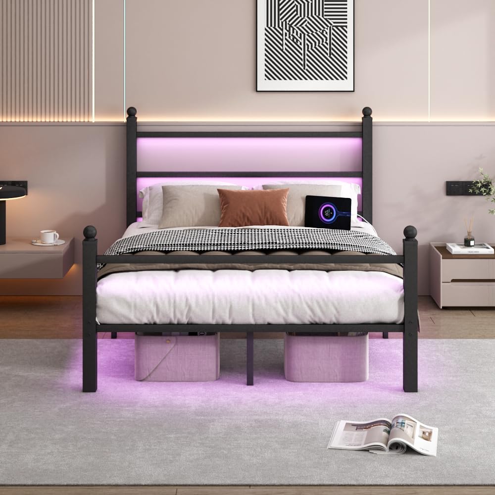 CLIBFENG Full Size Bed Frame with Headboard and Footboard,Steel Slats Support-LED Bed Frame with USB Charging Station,Mattress Foundation-Under Bed Storage, No Box Spring Needed,Noise Free,Black CLIBFENG