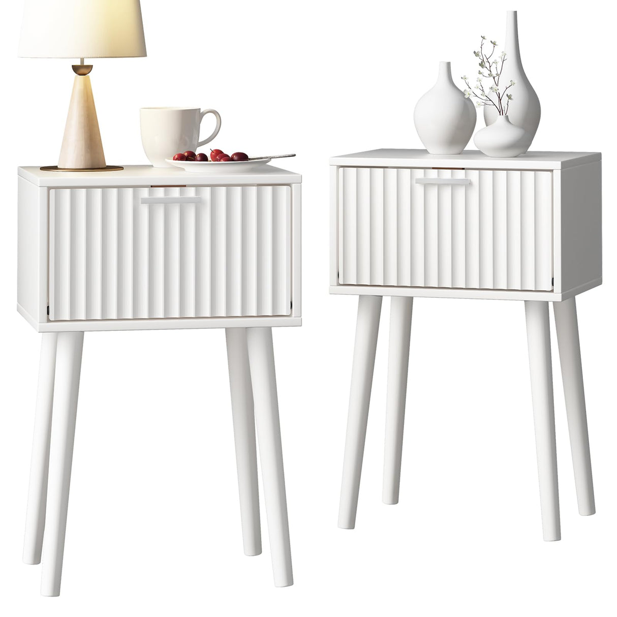 LAATOOREE Nightstands Set of 2, Small Side Table, Bedside Table with Fluted Door, Solid Wood Feet; Modern Mid-Century End Table for Bedroom, Small Space (White) LAATOOREE
