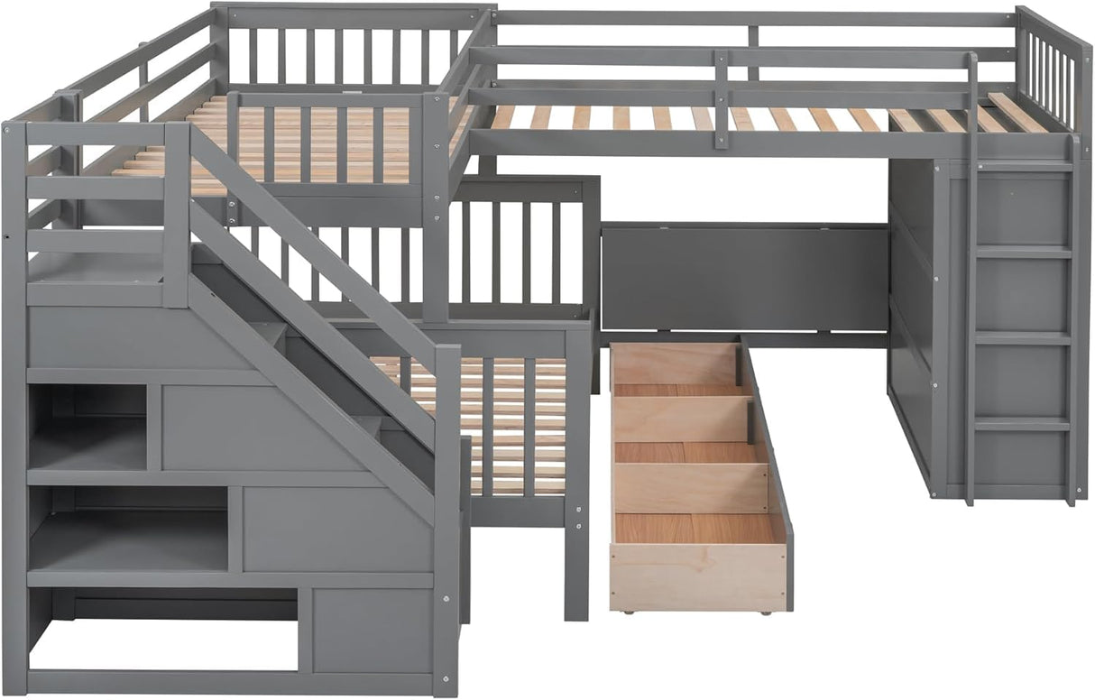 MERITLINE Twin-Twin Over Full Triple Bunk Bed with Storage Stairs,Wardrobe and Desk,Solid Wood L-Shaped 3 Bunk Bed with Ladder,Shelves,Headboard,Guardrail,No Box Spring Needed (Grey) MERITLINE