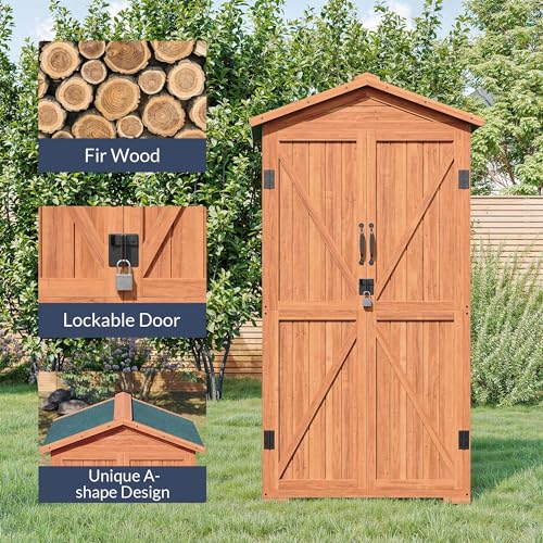 BELLEZE Outdoor Storage Shed with 4 Removeable Shelves, Wooden Garden Shed Lockable Tool Cabinet with Waterproof Roof, Outside Tall Tool Shed for Patio Backyard Lawn Yard - Wood BELLEZE