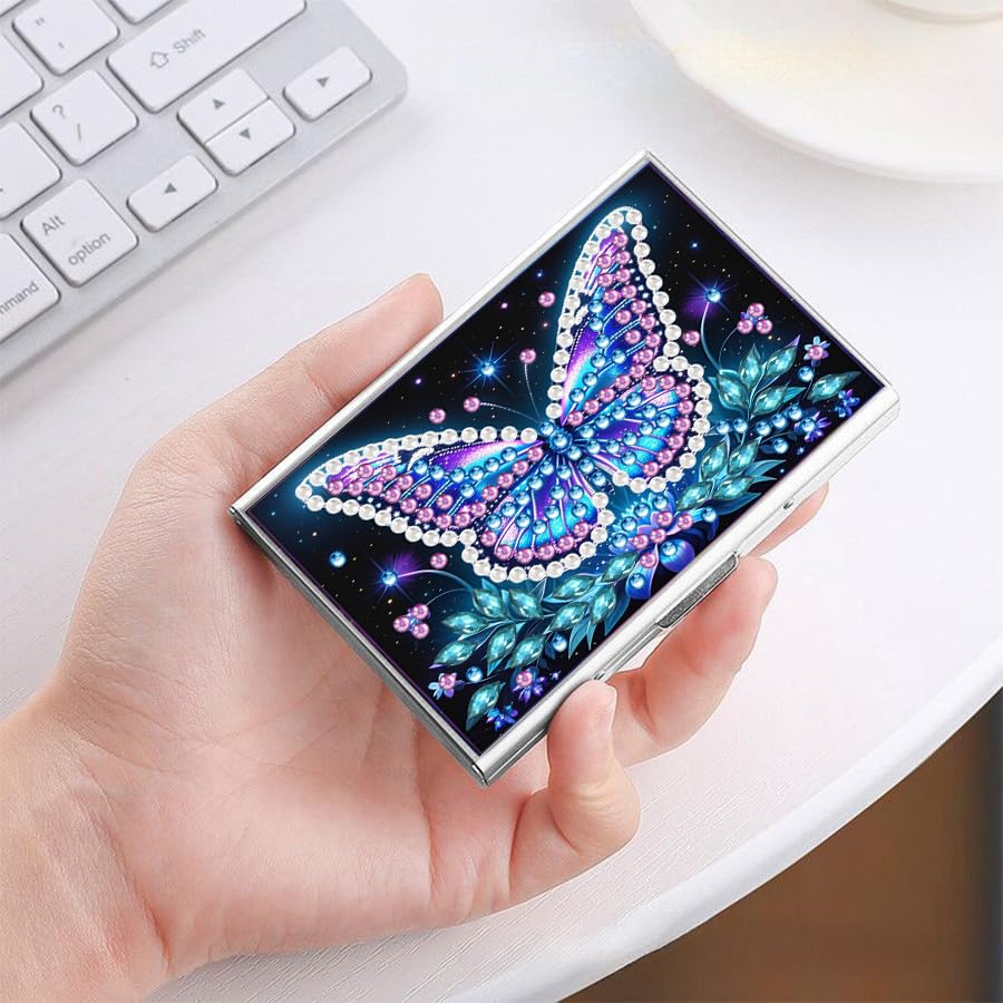 5D Diamond Painting Art Credit Card Holder Wallet, Stainless Steel Card Storage Bag with Butterfly Pattern, 3.8x2.55in with 6 Slots - Travel Business Gift for Adults Santiway