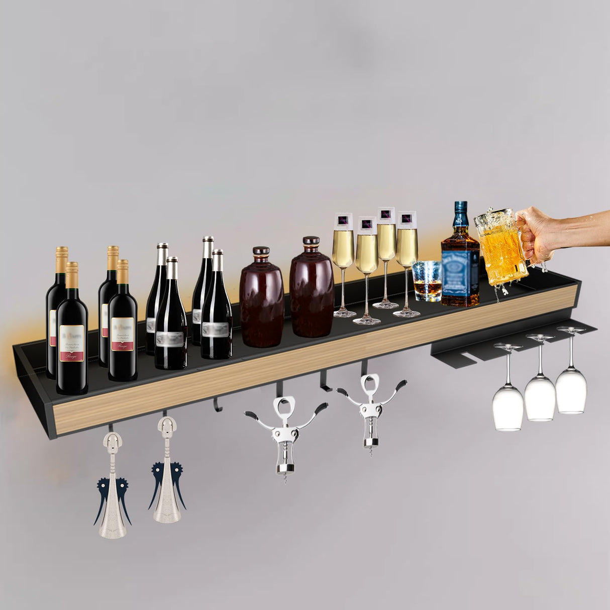 Floating Display Shelf with LED Light, 39 Inch Wall Mounted Wine Rack, Bar Unit Floating Shelves with 4 Wine Glass Holder, Light-Emitting Storage Display Stand for Entrance Kitchen Dining Room SLVUAFRN