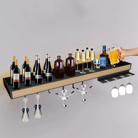 Floating Display Shelf with LED Light, 39 Inch Wall Mounted Wine Rack, Bar Unit Floating Shelves with 4 Wine Glass Holder, Light-Emitting Storage Display Stand for Entrance Kitchen Dining Room SLVUAFRN