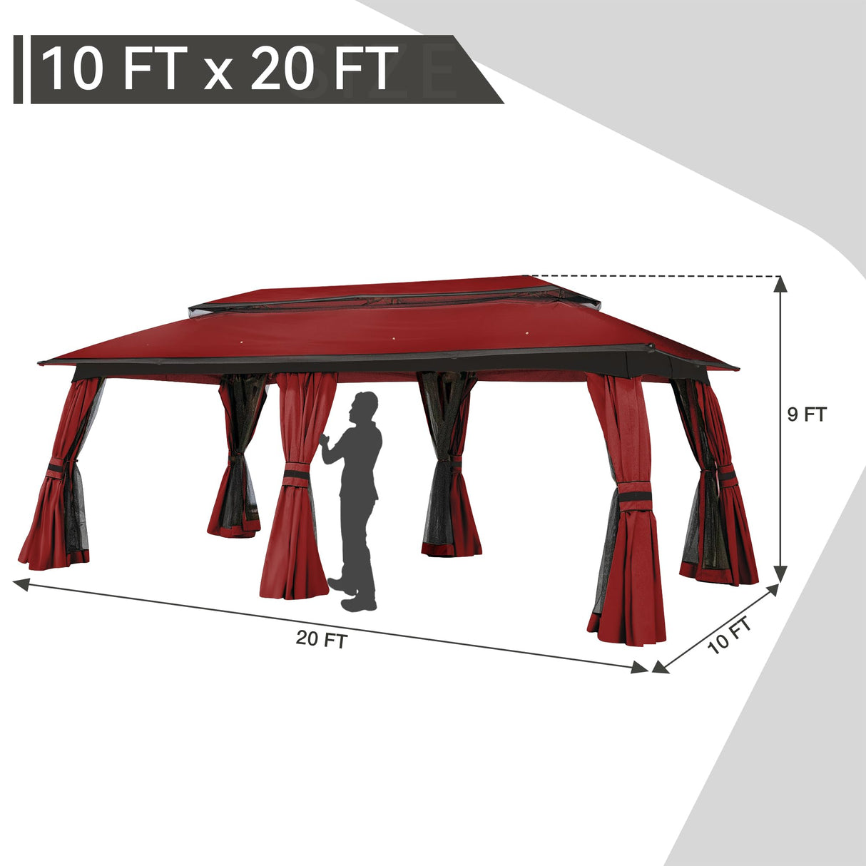 Gardenbee 10x20 ft Patio Gazebo, Double Tier Gazebo with Side Mesh Curtains, Patio Canopy with Metal Steel Frame Suitable for Lawn, Backyard and Party, Red Gardenbee