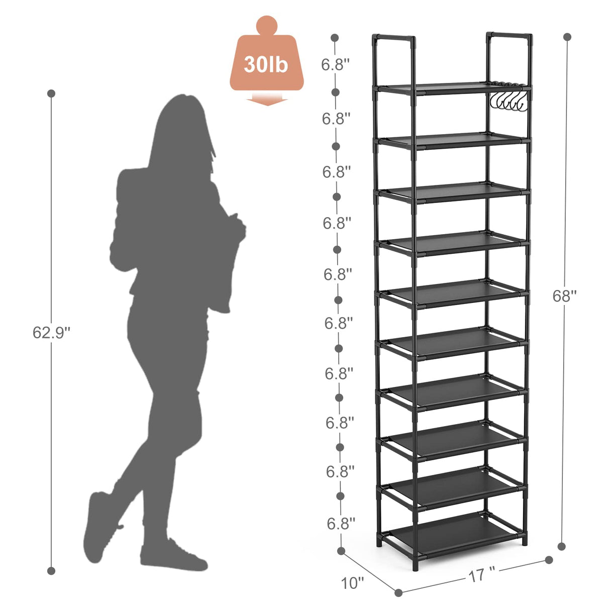 LANTEFUL 10 Tiers Tall Shoe Rack 20-25 Pairs Boots Organizer Storage Sturdy Narrow Shoe Shelf for Entryway, Closets with Hooks, Black LANTEFUL