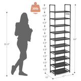 LANTEFUL 10 Tiers Tall Shoe Rack 20-25 Pairs Boots Organizer Storage Sturdy Narrow Shoe Shelf for Entryway, Closets with Hooks, Black LANTEFUL