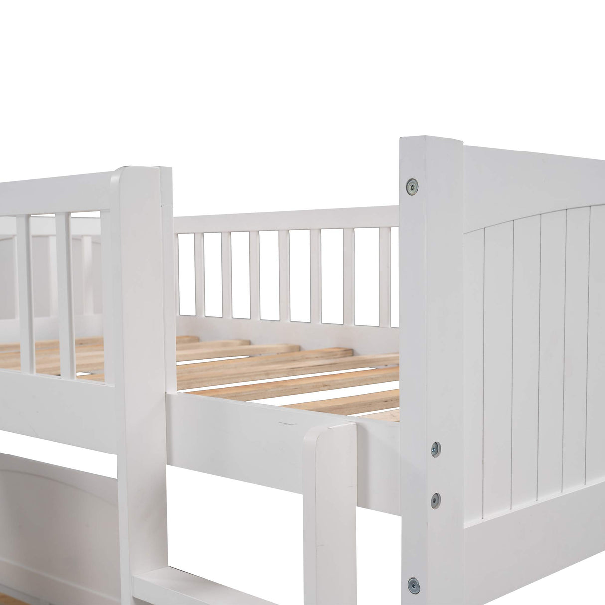 SOFTSEA Twin Over Twin Bunk Bed with Loft Bed Attached, L Shaped Triple Bunk Beds for Kids, Twin Size Wood Bunk Bed Frame with 2 Drawers and Ladder, White SOFTSEA