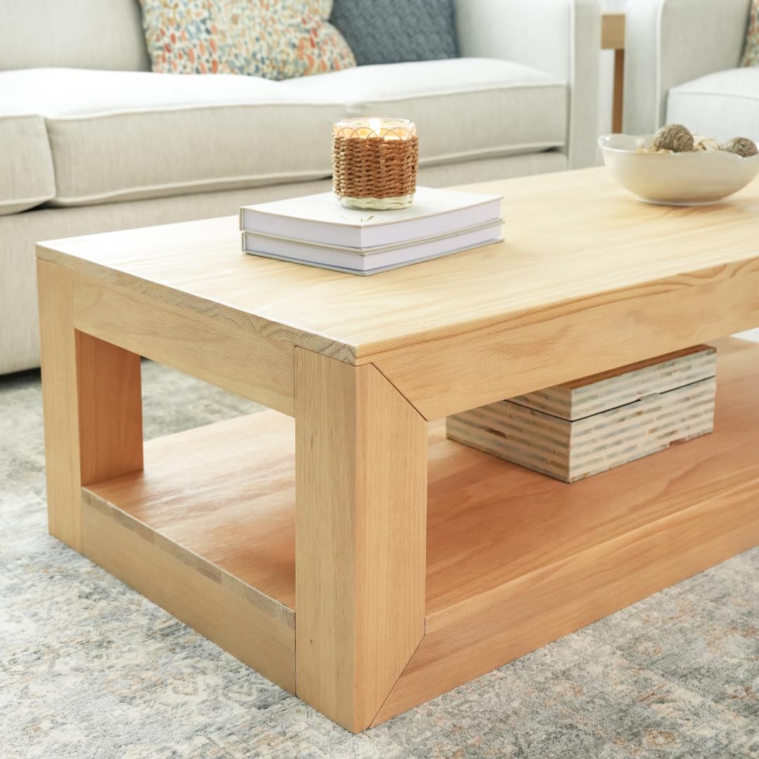 Plank+Beam Modern Rectangular Coffee Table with Shelf, Solid Wood, 48 Inch, Center Table with Storage, 2 Tier Tea Table for Living Room, Blonde Wirebrush - WoodArtSupply