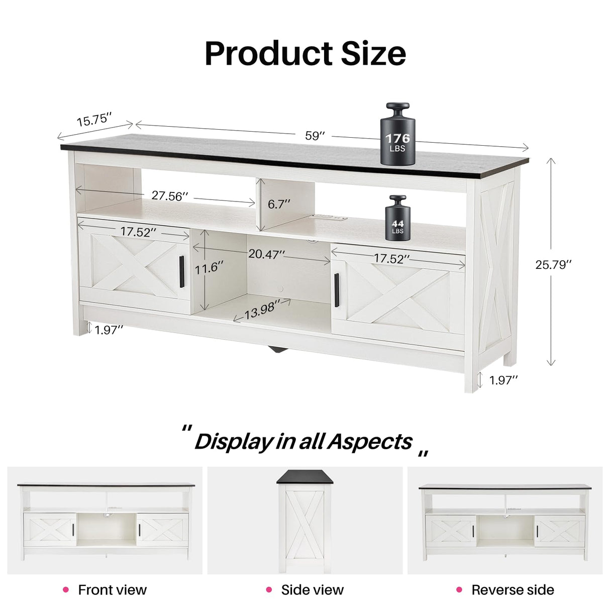 Rustic White Farmhouse TV Stand, Entertainment Center with Power Outlets for TVs up to 65 Inch, Mid Century Modern TV Cabinet, Media Console Table for Living Room, Farmhouse TV Console (Black) Redlifeᅟᅠ