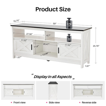 Rustic White Farmhouse TV Stand, Entertainment Center with Power Outlets for TVs up to 65 Inch, Mid Century Modern TV Cabinet, Media Console Table for Living Room, Farmhouse TV Console (Black - WoodArtSupply