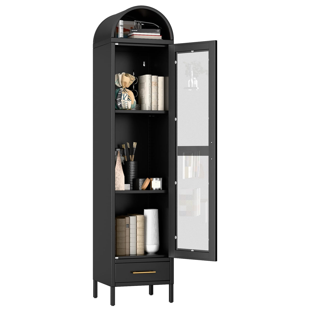 METALYEYE 73''H Metal Arched Storage Cabinet, Arch Display Bookcase Cabinet with Glass Doors & Shelves and 1Drawer for Living Room, Kitchens and Bedrooms,Office, Black, Assembly Required METALYEYE