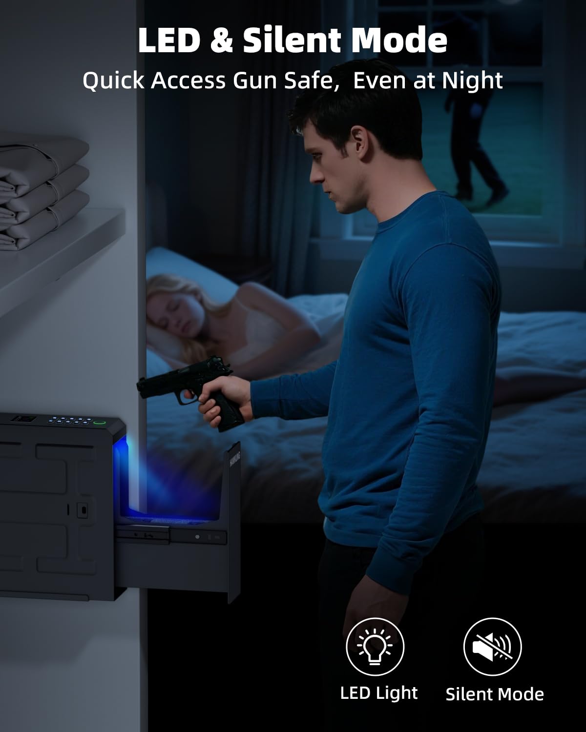 Gun Safe, Slider Biometric Gun Safe for Handgun Mounted Single Bedside Pistol Case with 3 Ways Quick Access Gun Lock Box for Nightstand, Bed, Desk, Wall, Dresser HAWKUNG