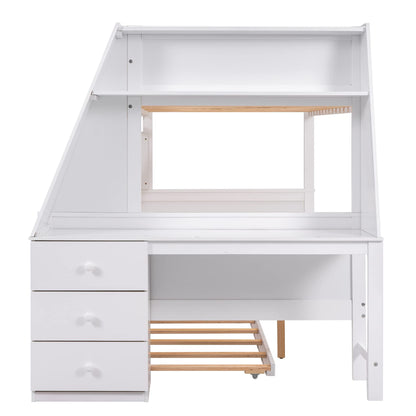 Bellemave Twin Over Full Bunk Bed with Trundle, Desk, Storage Drawers & Shelf in White - WoodArtSupply