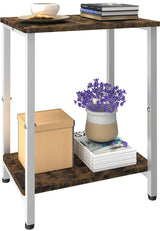 Tigerden 2 Tier Side Table, Heavy Duty End Table with Shelves, Narrow nightstand Table for Small Spaces, Record Player Table for Bedroom, Living Room, Sofa Couch - Rustic Brown & White Tigerden