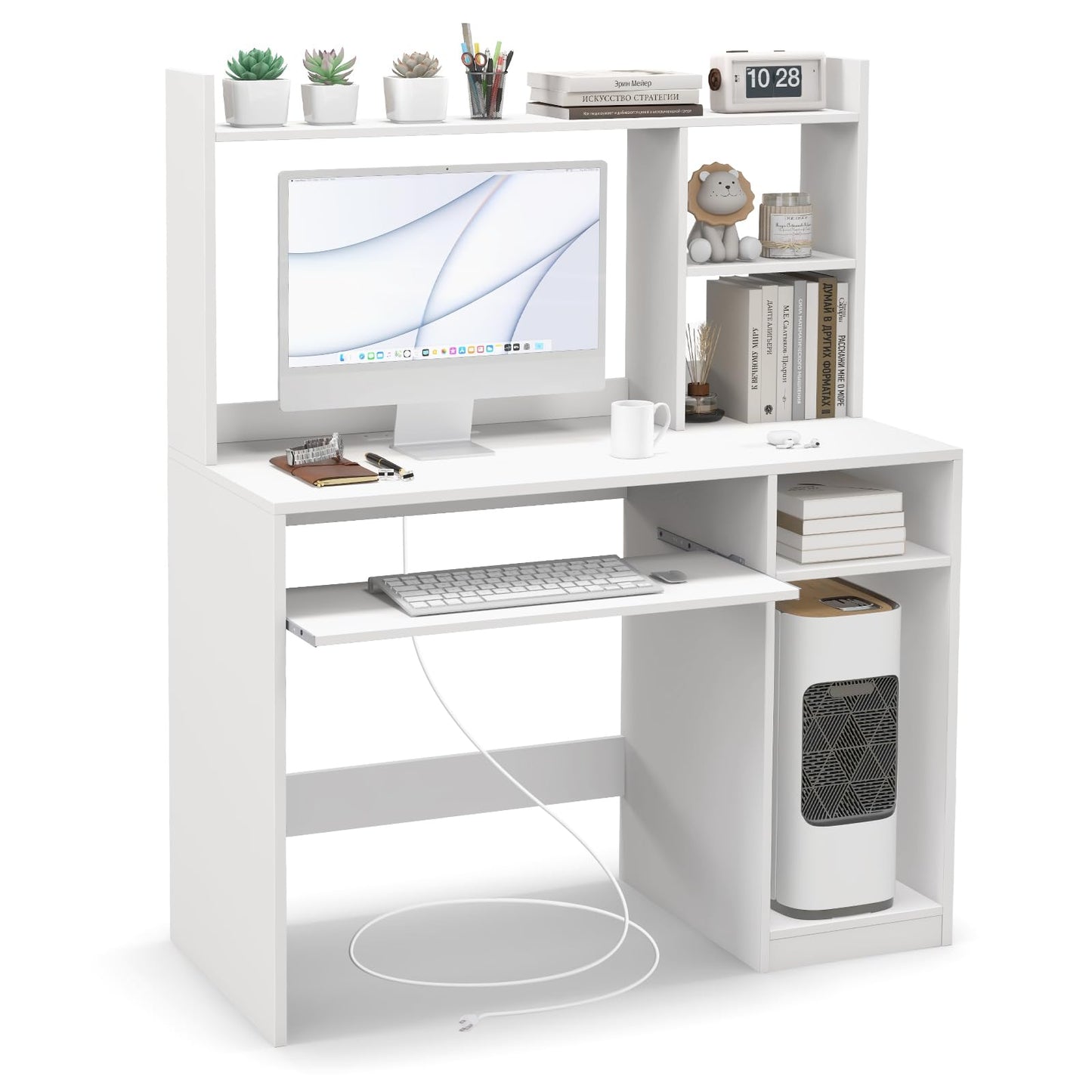 IFANNY White Modern Computer Desk with Hutch, Built-in Charging Station & Ample Storage - WoodArtSupply