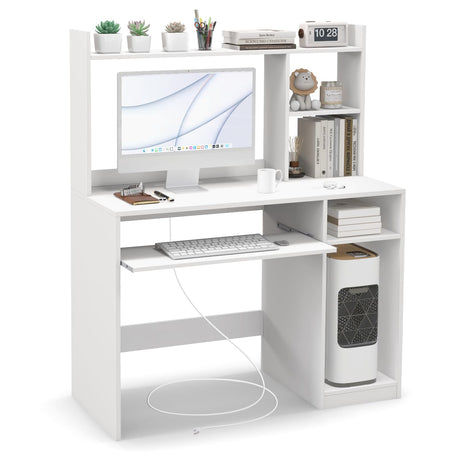 IFANNY White Modern Computer Desk with Hutch, Built-in Charging Station & Ample Storage IFANNY