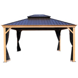 Kozyard Apollo 12’x14’ Hardtop Gazebo, Wooden Coated Aluminum Frame Canopy with Galvanized Steel Double Roof, Outdoor Permanent Metal Pavilion with Netting for Patio, Deck and Lawn (12ft x 14ft) Kozyard