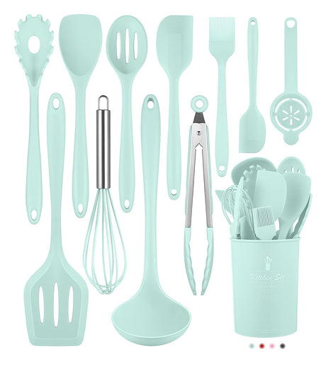 Kitchen Utensils Set-12 Pieces Silicone Cooking Utensils Set (Dishwasher Safe) 392°F Heat Resistant Spatula Set,Kitchen Utensil Set for Nonstick Cookware,Best Kitchen Tools with Holder Pranski