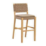 Nathan James Cohen Mid-Century Modern 29 in. Wood Bar Stool, Upholstered Faux Leather Bar Height Stool with Solid Wood Frame, Natural Brown Nathan James
