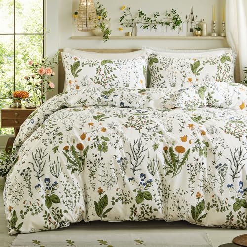 Cozaline Green Comforter Set King, 100% Cotton Reversible Floral Pattern Comforter Set 3 Pcs Soft Cotton Lightweight Comforter All Season Soft & Breathable Green Bedding Set Cozaline