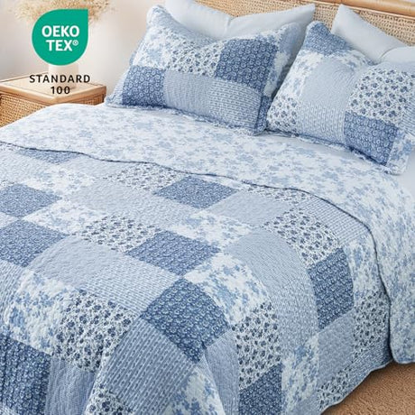 GOONE King Quilt Set 104x90 Inches, Blue Floral Boho Bedspread Farmhouse Quilting Bedding Set, Lightweight Washed Coverlet Set, Reversible Bed Cover, Quilt King Size with 2 Pillow Shams All-Season GOONE