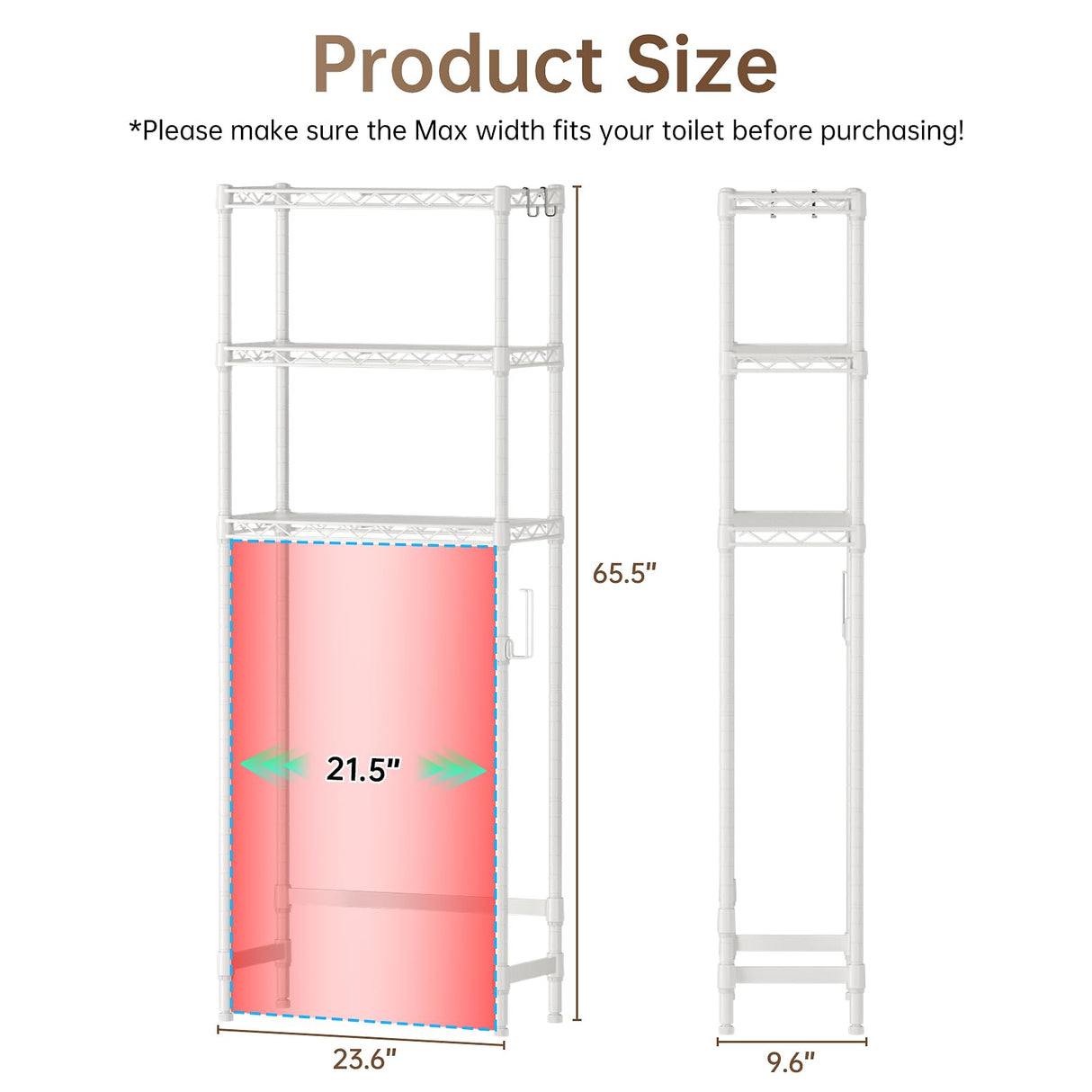 Over The Toilet Shelf,3-Tier Adjustable Freestanding Metal Bathroom Organizer Shelves with Toilet Paper Holder & Hooks,Space-Saving for Narrow Small Bathroom,10”D x 24”W x 66”H,White Golpart