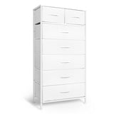 Mifuro Tall Dresser for Bedroom, Vertical Storage Organizer Tower with 7 Drawers, Chest of Drawers with Fabric Bins, Steel Frame, Wood Top for Bedroom, Closet, Entryway- White Mifuro