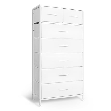 Mifuro Tall Dresser for Bedroom, Vertical Storage Organizer Tower with 7 Drawers, Chest of Drawers with Fabric Bins, Steel Frame, Wood Top for Bedroom, Closet, Entryway- White Mifuro
