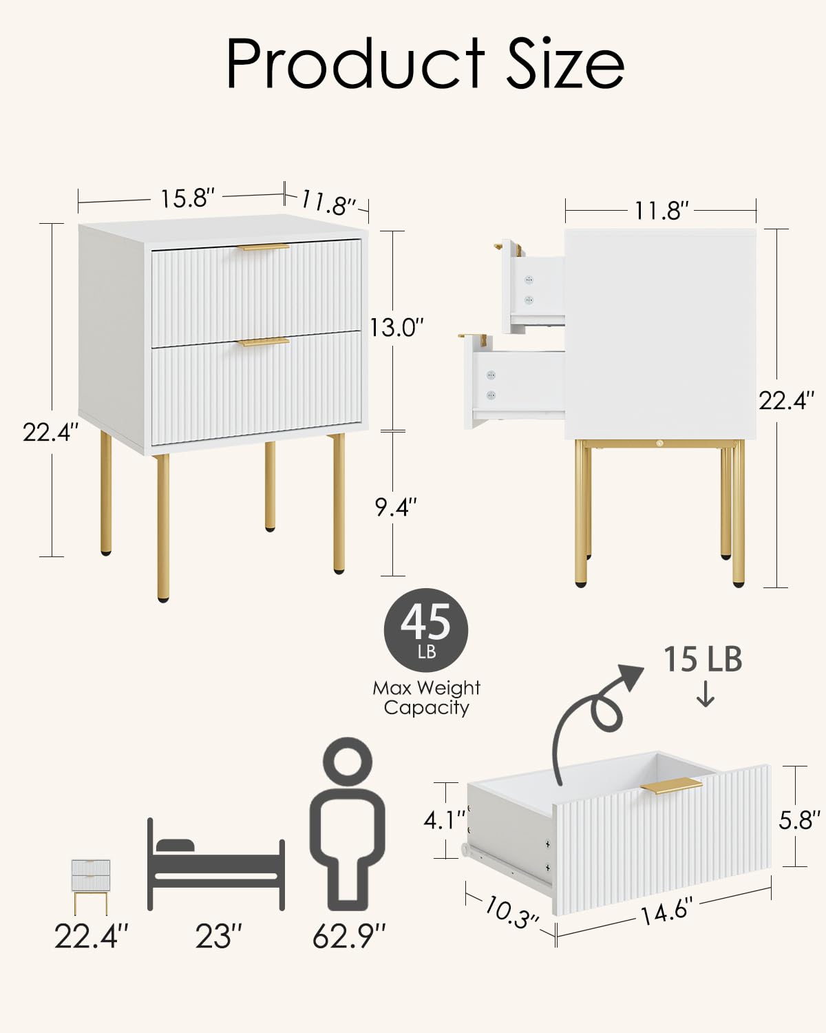 Aienvey Night Stand, Modern Nightstand with Drawers, Bedside Table, Gold Small Side Table for Bedroom, Living Room End Table (2 Drawers, White Stripe) Aienvey