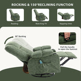 Swivel Rocker Recliner Chair for Adults with Vibration Massage, Overstuffed PU Leather Recliner with Lumbar Heat, Modern Manual Rocking Recliner with for Living Room, Home Theater, Dark Green Comermax