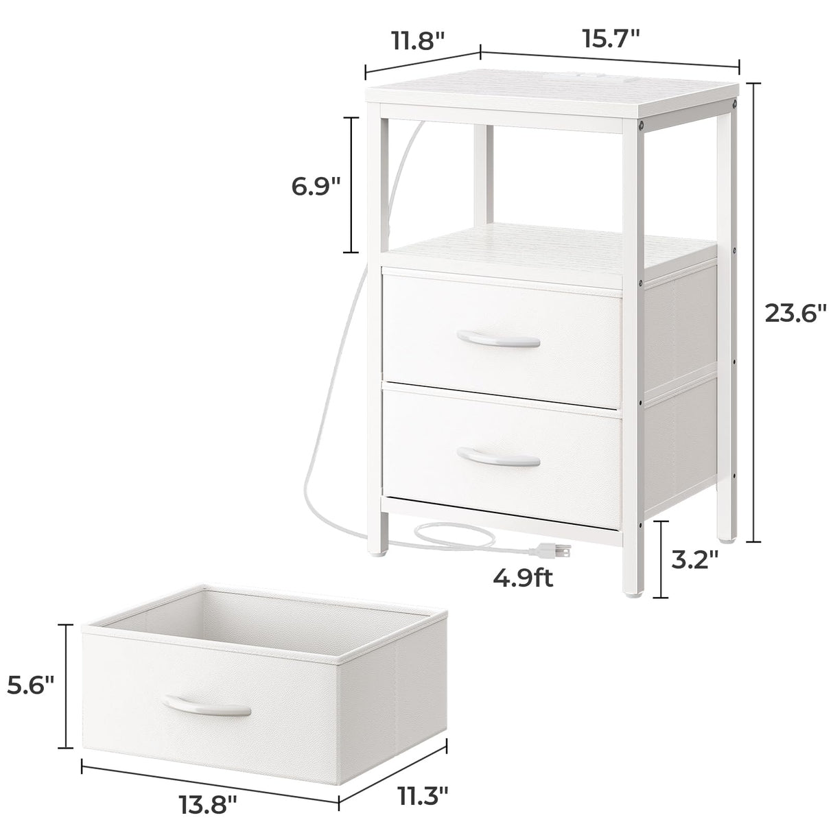 Huuger Nightstands Set of 2, End Tables with Charging Station, Side Tables with Fabric Drawers, Bedside Tables with USB Ports and Outlets, Night Stands for Bedroom, White Huuger
