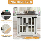 Barnyatoh Farmhouse End Table with Charging Station,24" Large Sofa Side Table with Glass Barn Door, Rustic Wood Nightstand Bedside Table with Adjustable Storage Shelf for Living Room, Bedroom,White Barnyatoh