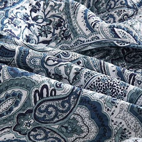 Autumn Dream Cotton Bedspread Quilt Sets, 3 Pieces Reversible Comforter Coverlet Sets,Blue Floral Paisley Bedspread,King Size Autumn Dream