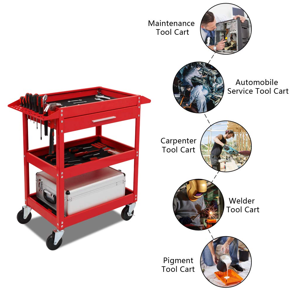 TUFFIOM 3 Tier Rolling Tool Cart, 330 LBS Capacity Industrial Service Cart, Heavy Duty Steel Utility Cart, Tool Organizer with Drawer, Perfect for Garage, Warehouse & Repair Shop (Red) - WoodArtSupply