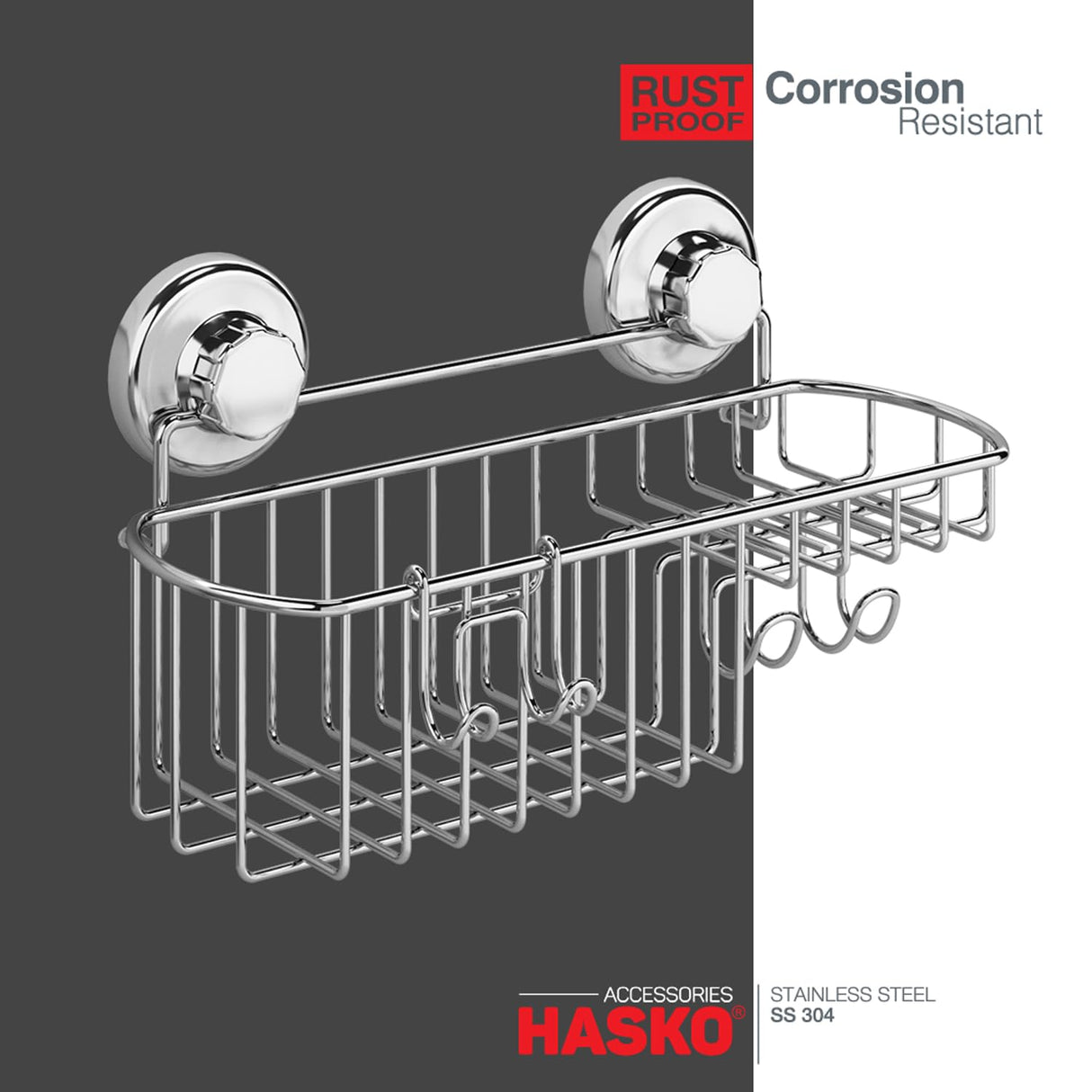 HASKO Suction Cup Shower Caddy Basket for Shampoo, Shower Suction Shelf Organizer, Basket with Soap Holder and Hooks, Stainless Steel Shampoo Holder for Bathroom Storage (Chrome) HASKO accessories