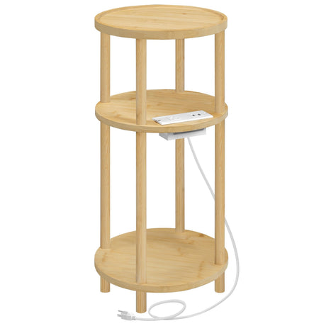 HOOBRO Small Round Side Table with Charging Station, 3-Tier Round Bamboo End Table, Compact Sofa Bedside Table for Small Space, Easy Assembly, for Living Room, Bedroom, Apartment, Natural YL152UBZ01 HOOBRO
