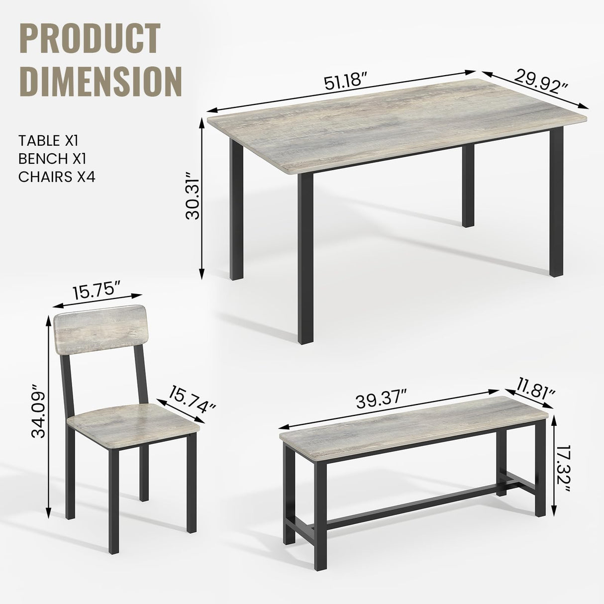 AWQM 6-Piece Dining Set, Modern Dining Table Set for 4-6,Kitchen Table Set with Chairs and Bench,Dining Room Table Set with Metal Frame & MDF Board, Table & Chairs Set for Small Space,Apartment,Grey AWQM