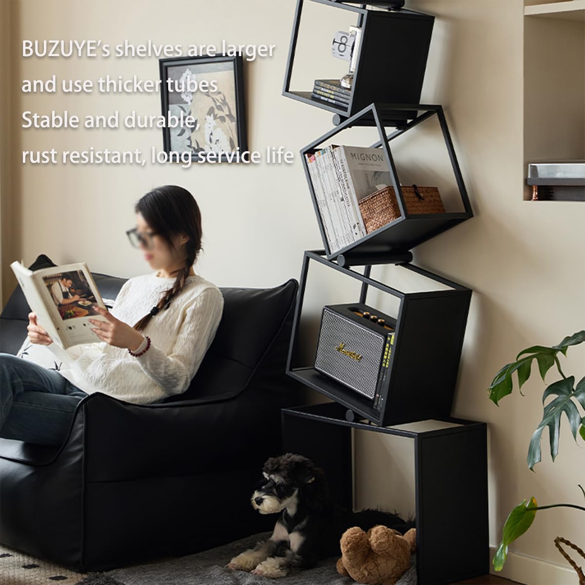 BUZUEY Geometric Bookshelf,5-Tier Unique Bookcase,72.8" Tall Black Modern Book Shelf,Corner Storage Shelves for CDs/Books/Home Decor,Vertical Bookshelf Book Tower for Living Room, Bedroom BUZUEY