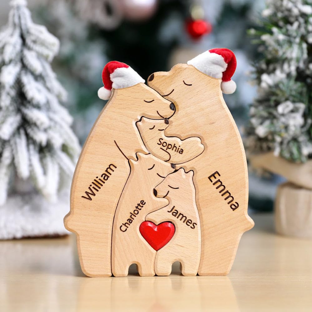 Personalized Wooden Bear Puzzle with Santa Hat and 1-8 Family Name, Custom Family Name Sculpture - Ideal for Christmas, Birthdays, Housewarming - Unique Wooden Decor Gift for Mom and Dad Smile lab