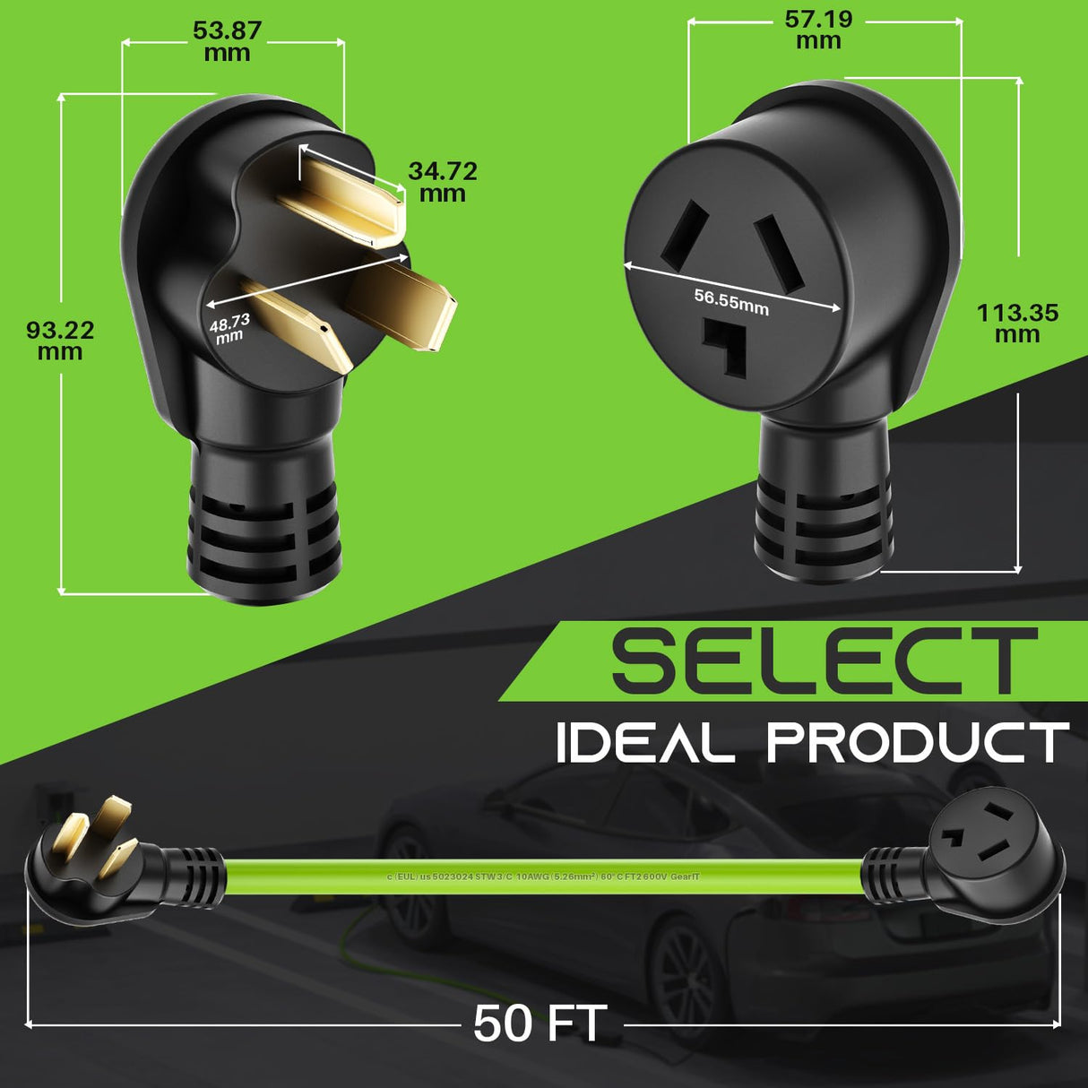 GEARit 30 Amp (50 Feet) 3 Prong Dryer Extension Cord NEMA 10-30P to 10-30R STW 10AWG/3 Heavy Duty, RV EV Charging Cable 125/250V GearIT