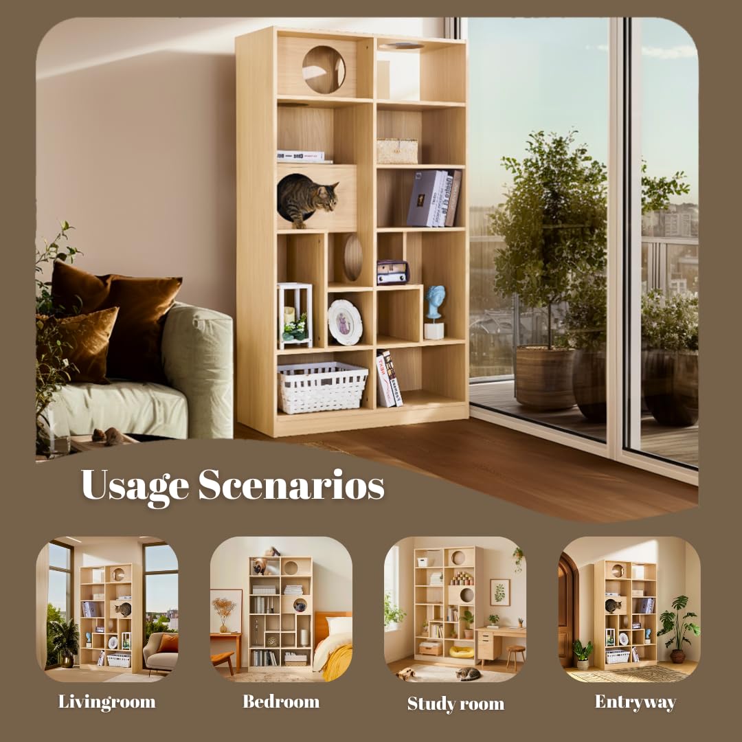 Muelartique Modern 2-in-1 Cat Tree Bookshelf with Litter Box Enclosure, 63.5" Tall Multi-Level Cat Climbing Shelves with Storage, Cat Furniture for Indoor Cats, Natural Muelartique