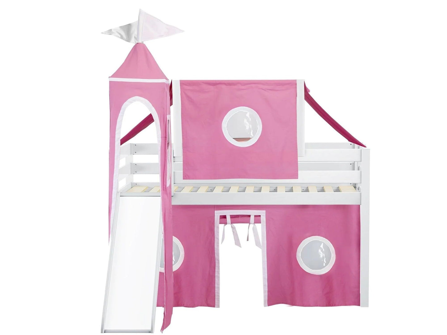 JACKPOT! Princess Low Loft Bed with Slide, Pink and White Tent and Tower, Twin, White