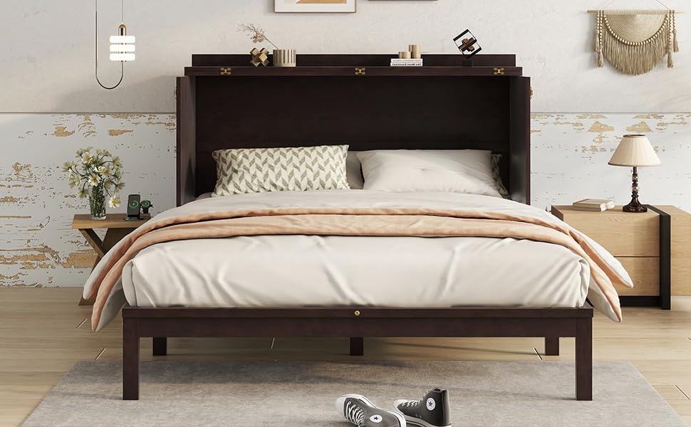 Ball & Cast Murphy Bed Queen Size,Wood Rattan Decoration Hideaway Cabinet Bedframe with Power Station,Wall Platform can be Folded up,Fold-Down Chest W/Drawer,for Apartment,Bedroom,Espresso Ball & Cast