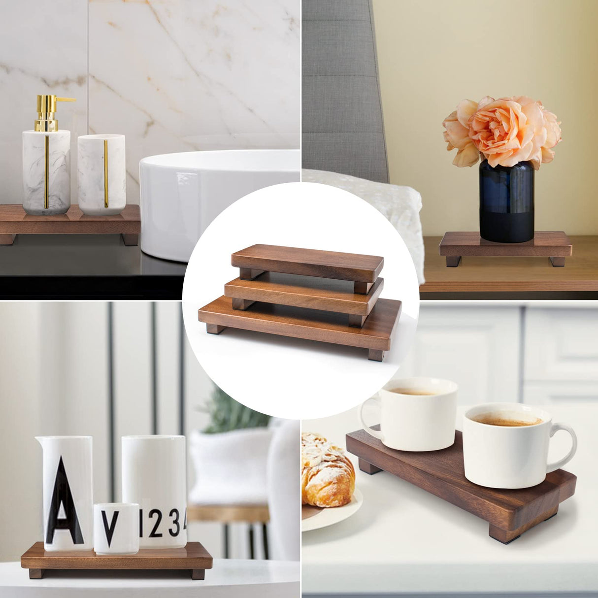 kulusion Walnut Wooden Pedestal Stand, Farmhouse Wood Tray for Kitchen Bathroom Counter Decor, Rustic Display Riser for Soap,Bottle,Plant Etc (Large & 12 x 7 x 1.57'') kulusion