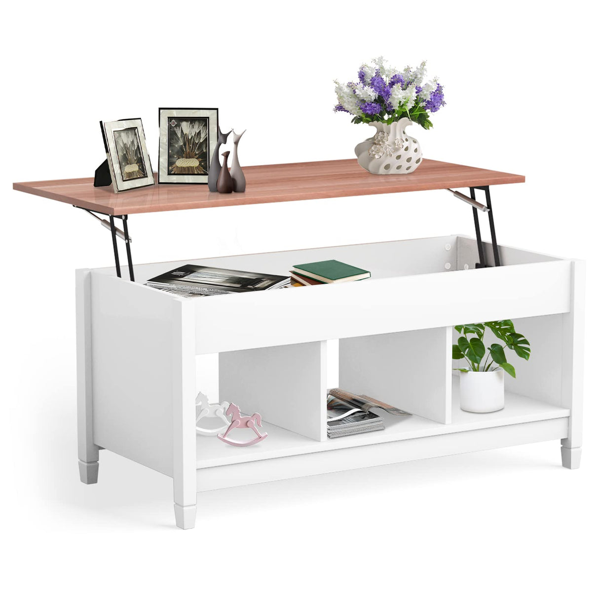 COSTWAY Lift Top Coffee Table, with Hidden Storage Compartment & 3 Open Shelves, Rectangular Cocktail Tea Table with Solid Wood Legs for Living Room Reception Room (White) COSTWAY
