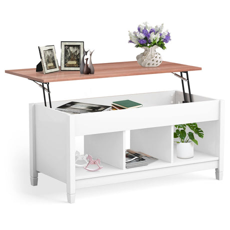 COSTWAY Lift Top Coffee Table, with Hidden Storage Compartment & 3 Open Shelves, Rectangular Cocktail Tea Table with Solid Wood Legs for Living Room Reception Room (White) COSTWAY