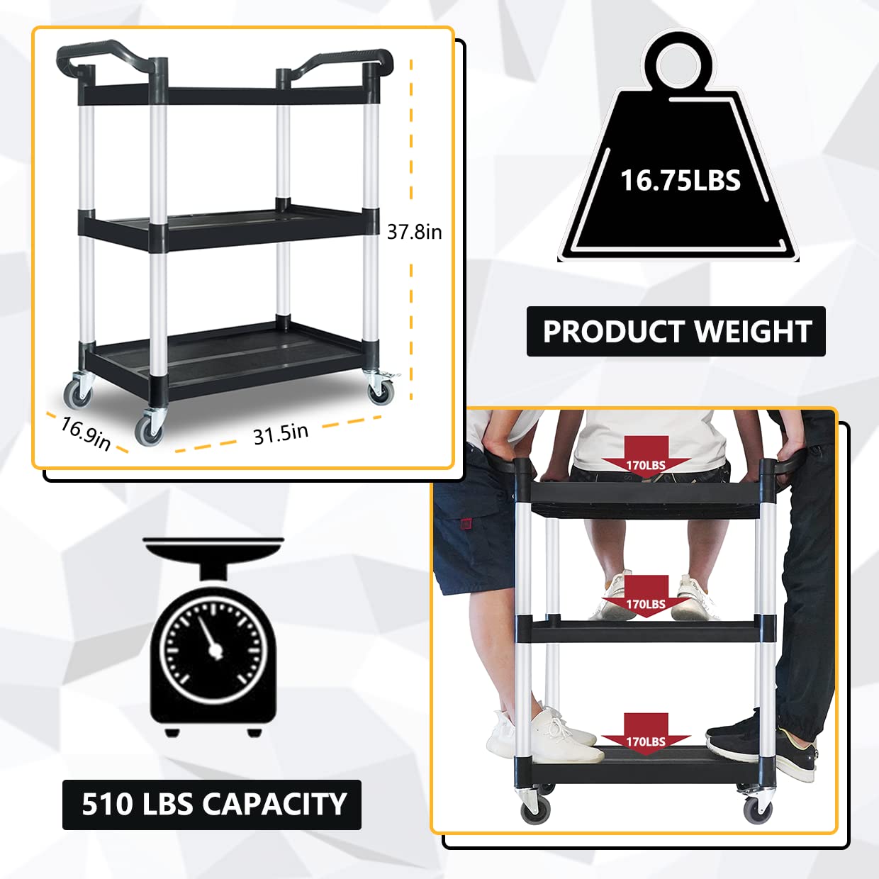 PELOEMNS Plastic Utility Carts with Wheels, Heavy Duty 510lbs Capacity Rolling Service Cart, 3-Tier Restaurant Food Cart with Hammer for Office, Warehouse, Garage (Lockable Wheels, Black) - WoodArtSupply