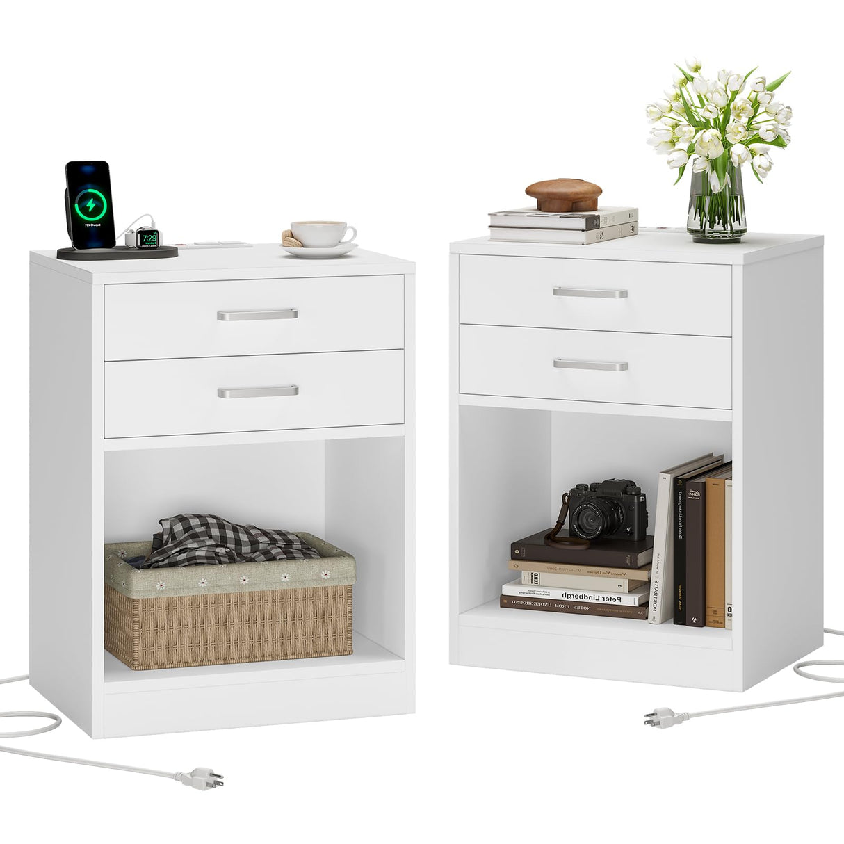 ADORNEVE Nightstands Set of 2,White Night Stand with Charging Station & Drawers,Night Stands for Bedrooms 2 ADORNEVE