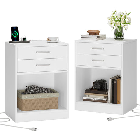 ADORNEVE Nightstands Set of 2,White Night Stand with Charging Station & Drawers,Night Stands for Bedrooms 2 ADORNEVE