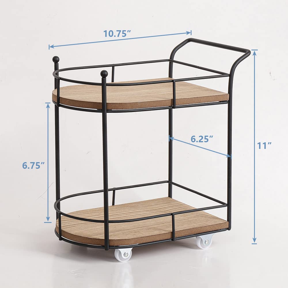 SunArtHome Two-Tier Matte Black Metal Wire/Wood Coffee Bar Cart - Mini Rolling Utility Cart Tiered Tray - for Coffee Bar Table Organizer,Home Kitchen Shelf, Farmhouse Décor SunArtHome